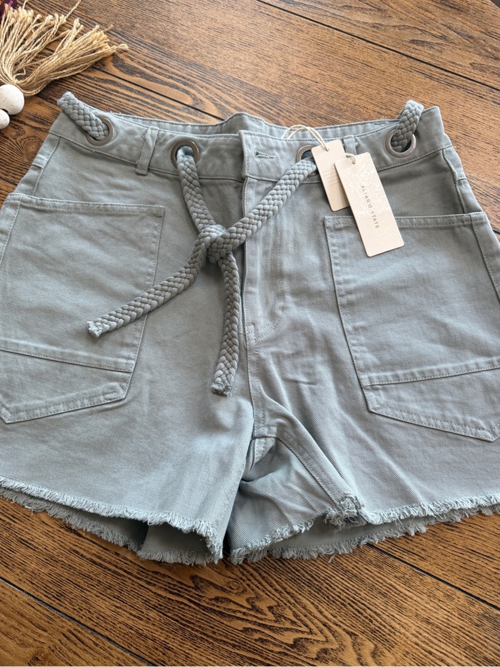Altar'd State Sage Green Braided Rope Waist Jean Shorts